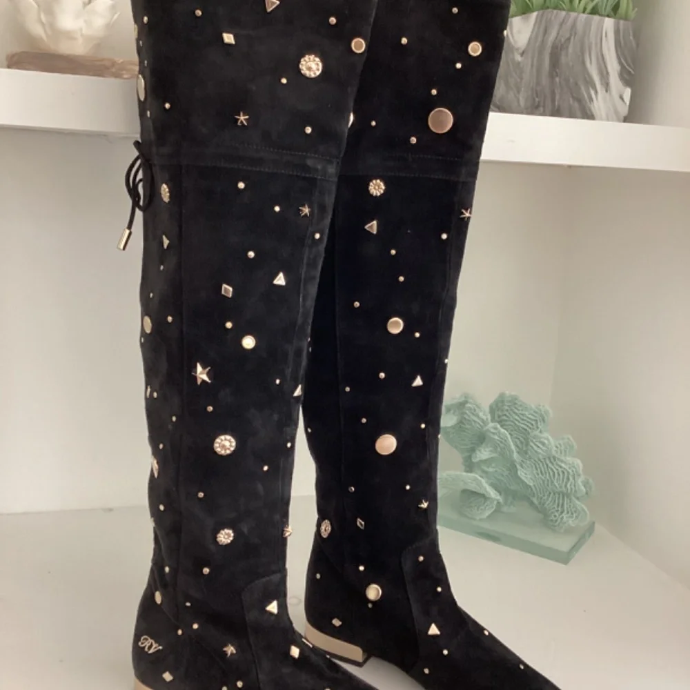 REDUCED ROGER VIVIER Embellished Studded Accent Black Suede OTK Boots Size 37 7